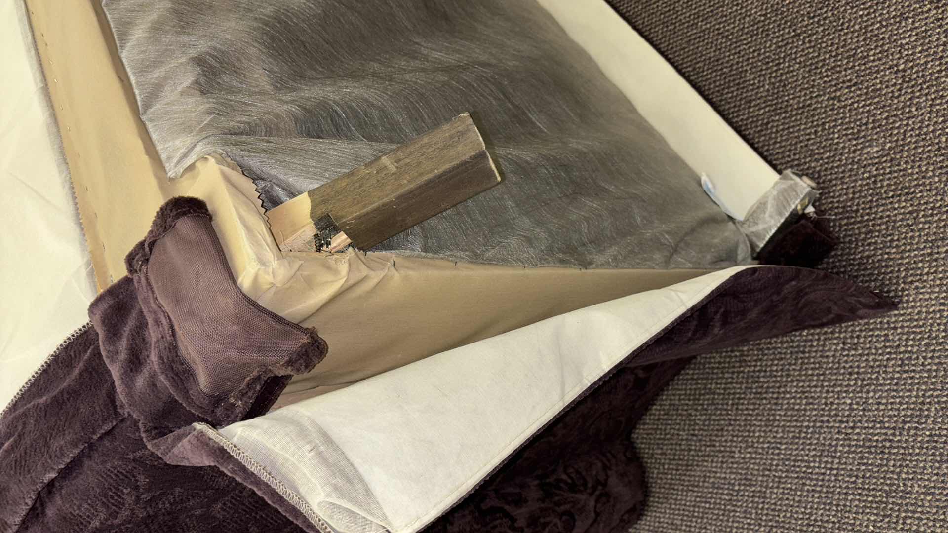 Photo 1 of SOFA W DECORATIVE THROW PILLOWS, PURPLE LEAF PATTERN UPHOLSTERY 40” X 96” H34”