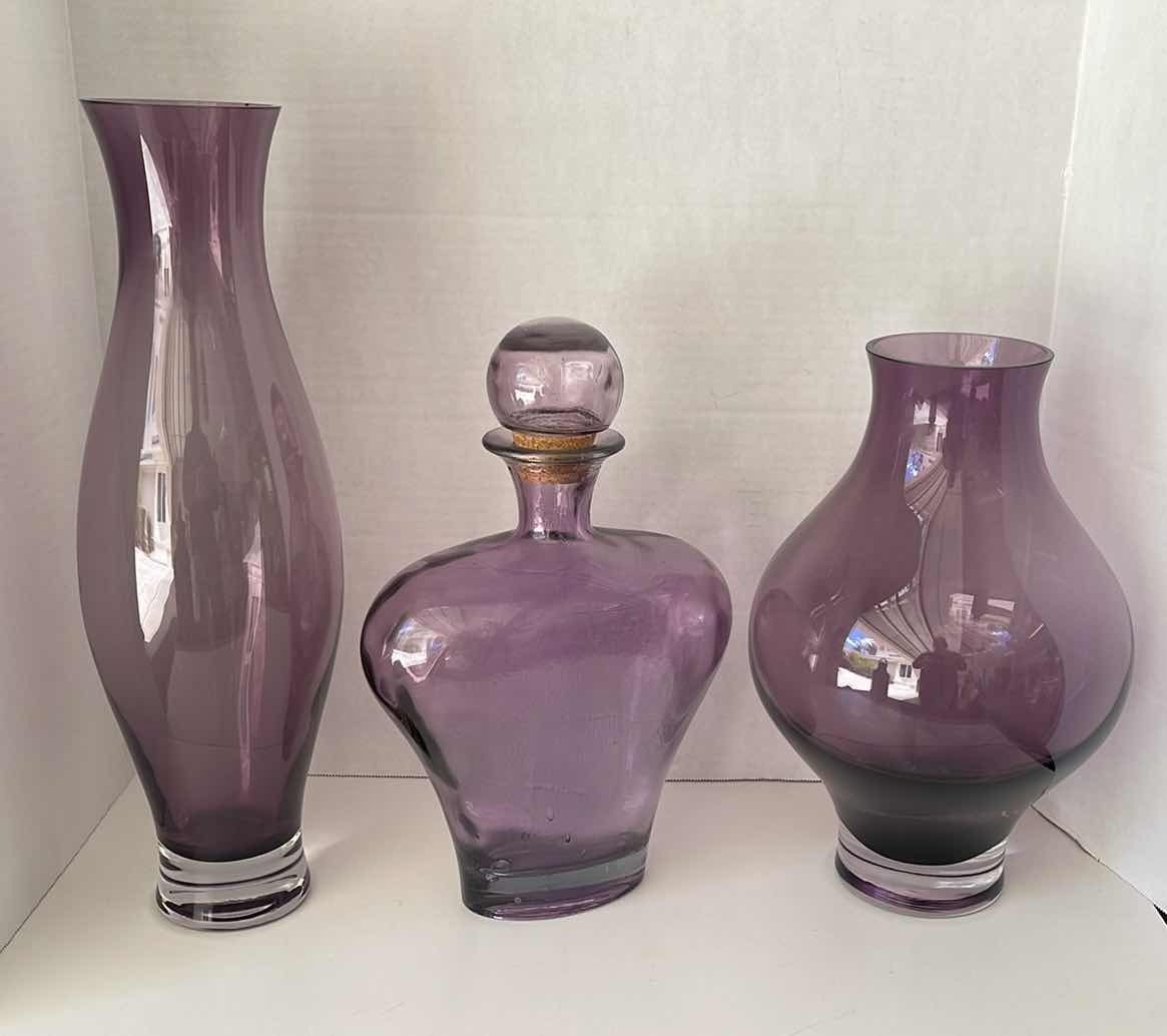 Photo 1 of PURPLE DECORATIVE GLASS VASES (3)