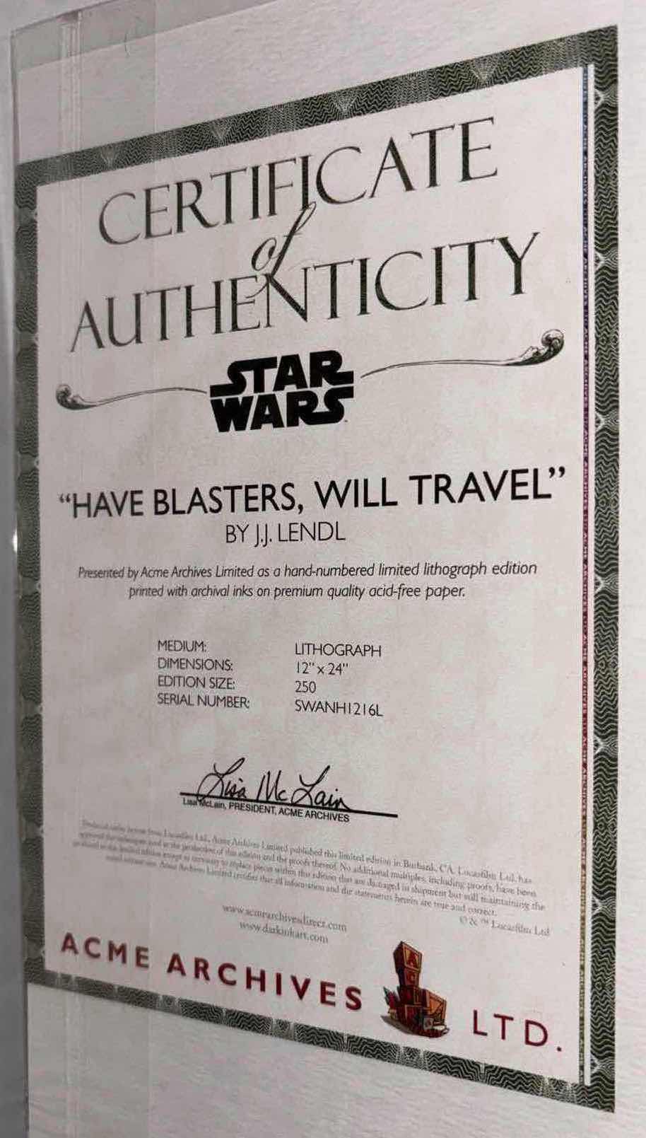Photo 1 of NEW ACME ARCHIVES DIRECT STAR WARS “HAVE BLASTERS, WILL TRAVEL” BY JJ LENDL 12” X 24” LITHOGRAPH UNFRAMED PRINT, INCLUDES CERTIFICATE OF AUTHENTICITY (#97 OF 250)