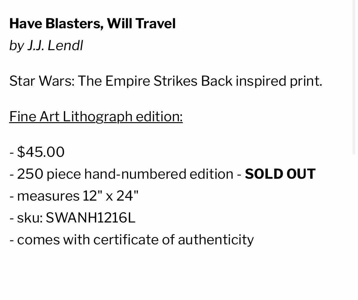 Photo 1 of NEW ACME ARCHIVES DIRECT STAR WARS “HAVE BLASTERS, WILL TRAVEL” BY JJ LENDL 12” X 24” LITHOGRAPH UNFRAMED PRINT, INCLUDES CERTIFICATE OF AUTHENTICITY (#97 OF 250)
