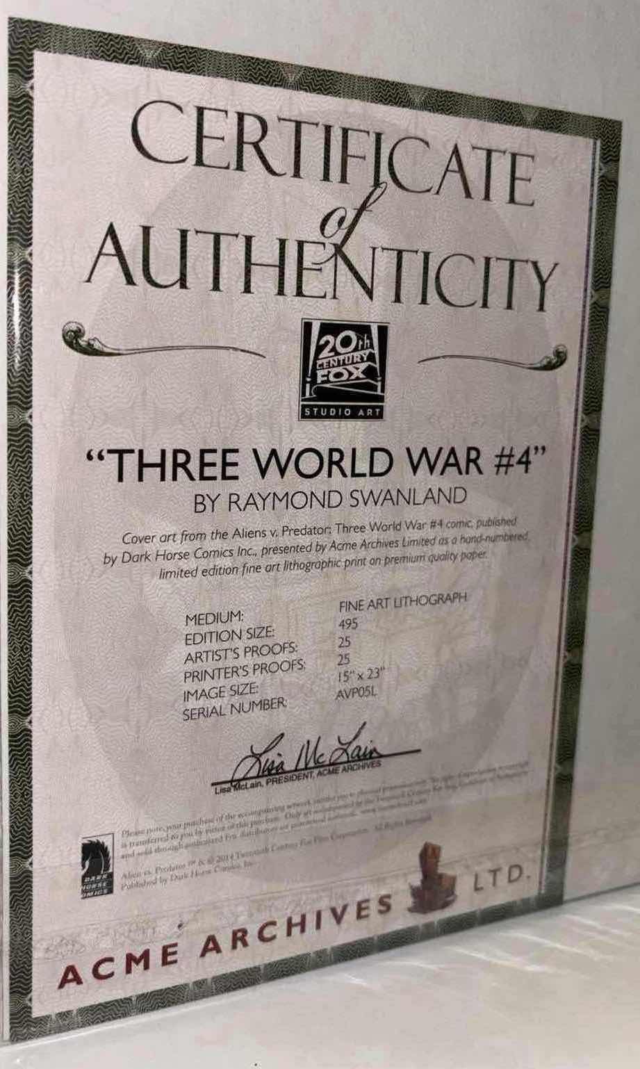 Photo 1 of NEW ACME ARCHIVES ALIENS V. PREDATOR: “THREE WORLD WAR #4” BY RAYMOND SWANLAND 15” X 23” FINE ART LITHOGRAPH UNFRAMED PRINT, INCLUDES CERTIFICATE OF AUTHENTICITY (#148 OF 495)