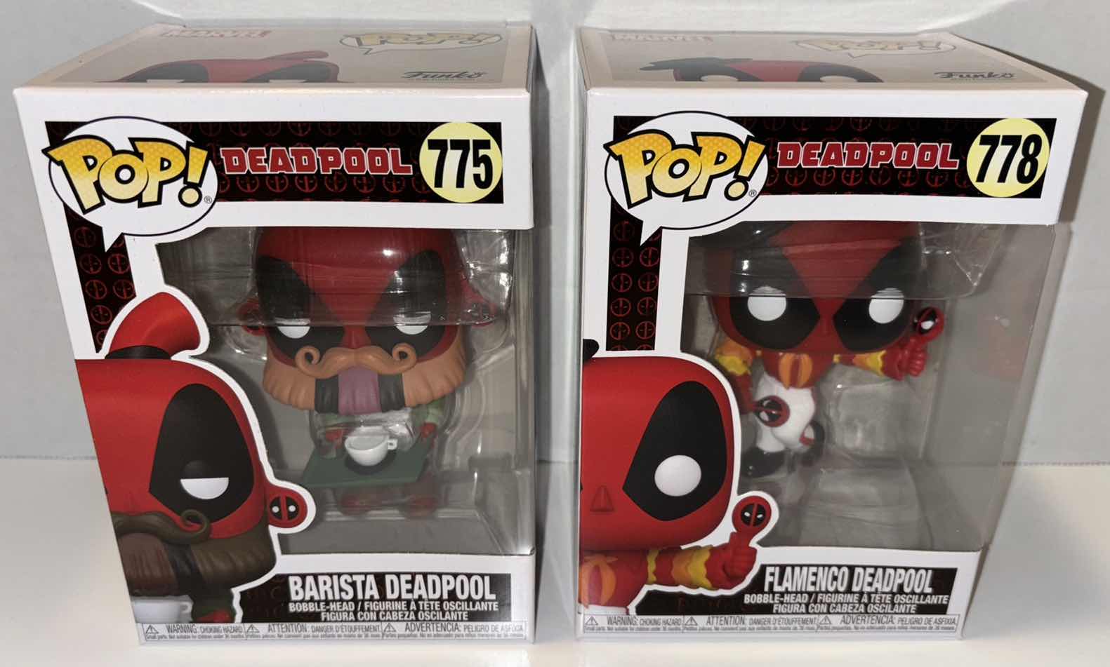 Photo 1 of NEW 2-PACK FUNKO POP! MARVEL DEADPOOL BOBBLEHEAD FIGURE, #775 “BARISTA DEALPOOL” & #778 “FLAMENCO DEADPOOL”