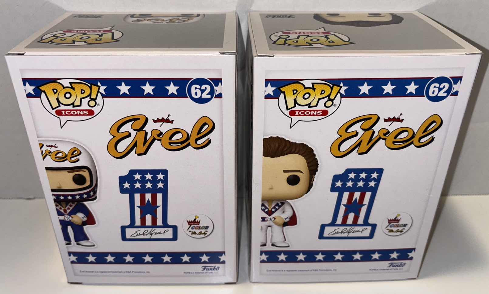 Photo 1 of NEW 2-PACK FUNKO POP! ICONS VINYL FIGURE, EVEL #62 LIMITED CHASE EDITION W HELMET & BLUE SUIT “EVEL KNIEVEL” & #62 WHITE SUIT “EVEL KNIEVEL”