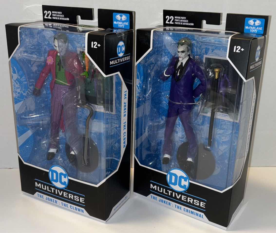 Photo 1 of NEW 2-PACK MCFARLANE TOYS DC MULTIVERSE ACTION FIGURE & ACCESSORIES, BATMAN:
THREE JOKERS “THE JOKER: THE CLOWN” & "THE JOKER: THE CRIMINAL"
