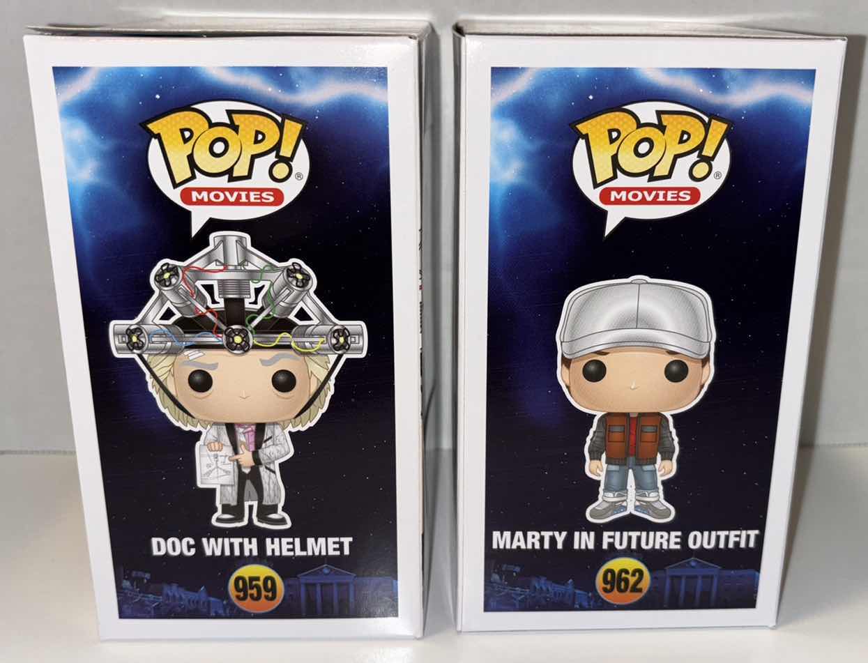 Photo 1 of NEW 2-PACK FUNKO POP! MOVIES VINYL FIGURE, BACK TO THE FUTURE #959 “DOC WITH HELMET” & #962 “MARTY IN FUTURE OUTFIT”