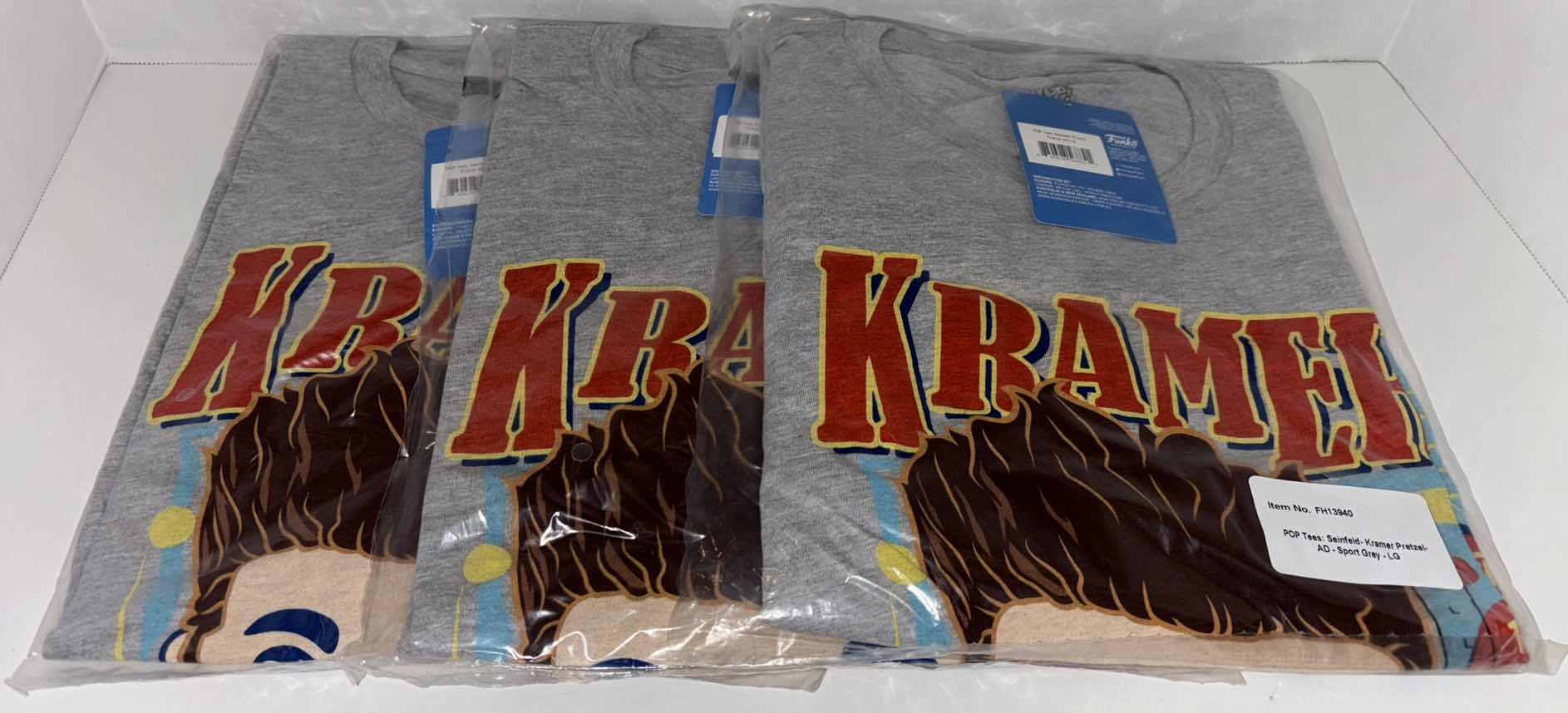 Photo 1 of NEW 3-PACK FUNKO POP! SEINFELD TEE “KRAMER SALTY PRETZEL” T-SHIRTS (COLOR: SPORTS GREY, SIZE: LARGE)