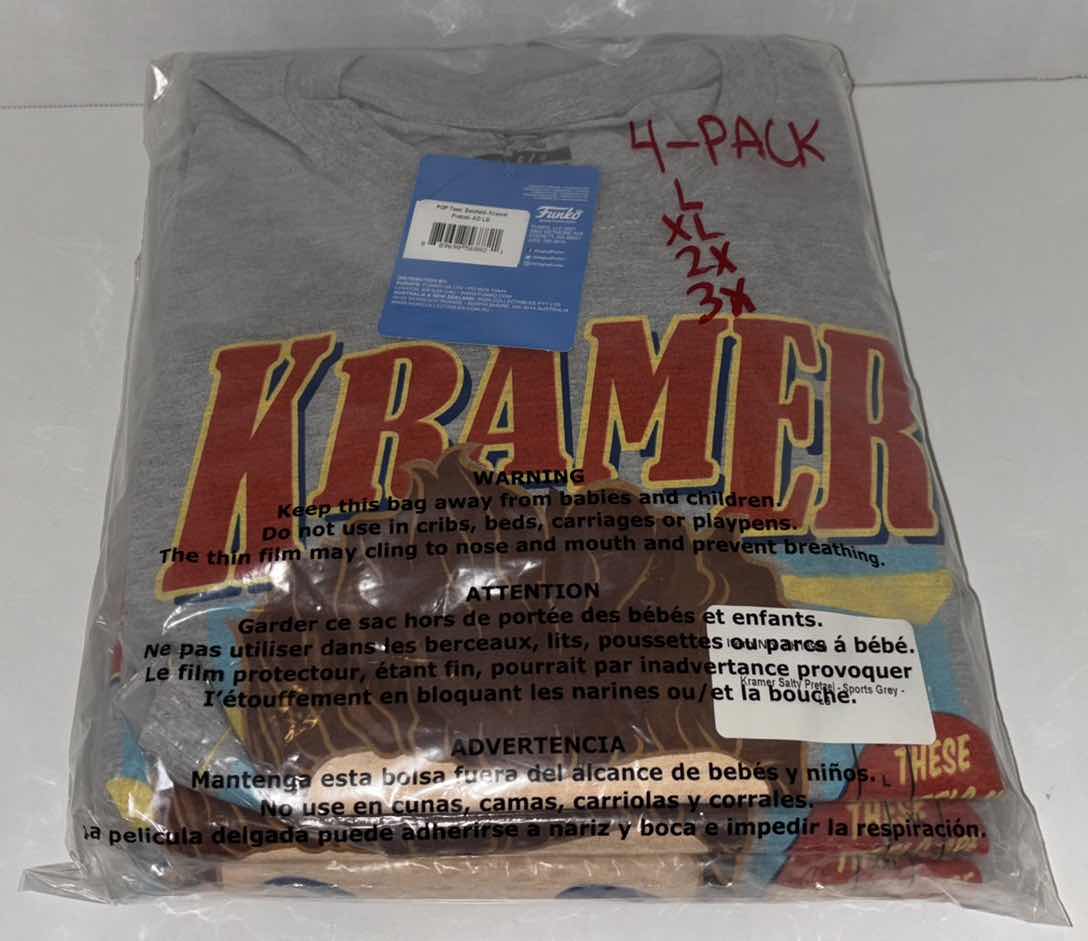 Photo 1 of NEW 4-PACK MULTI-SIZE BUNDLE FUNKO POP! SEINFELD TEE “KRAMER SALTY PRETZEL” T-SHIRTS (COLOR: SPORTS GREY, SIZES: L, XL, 2X, 3X)