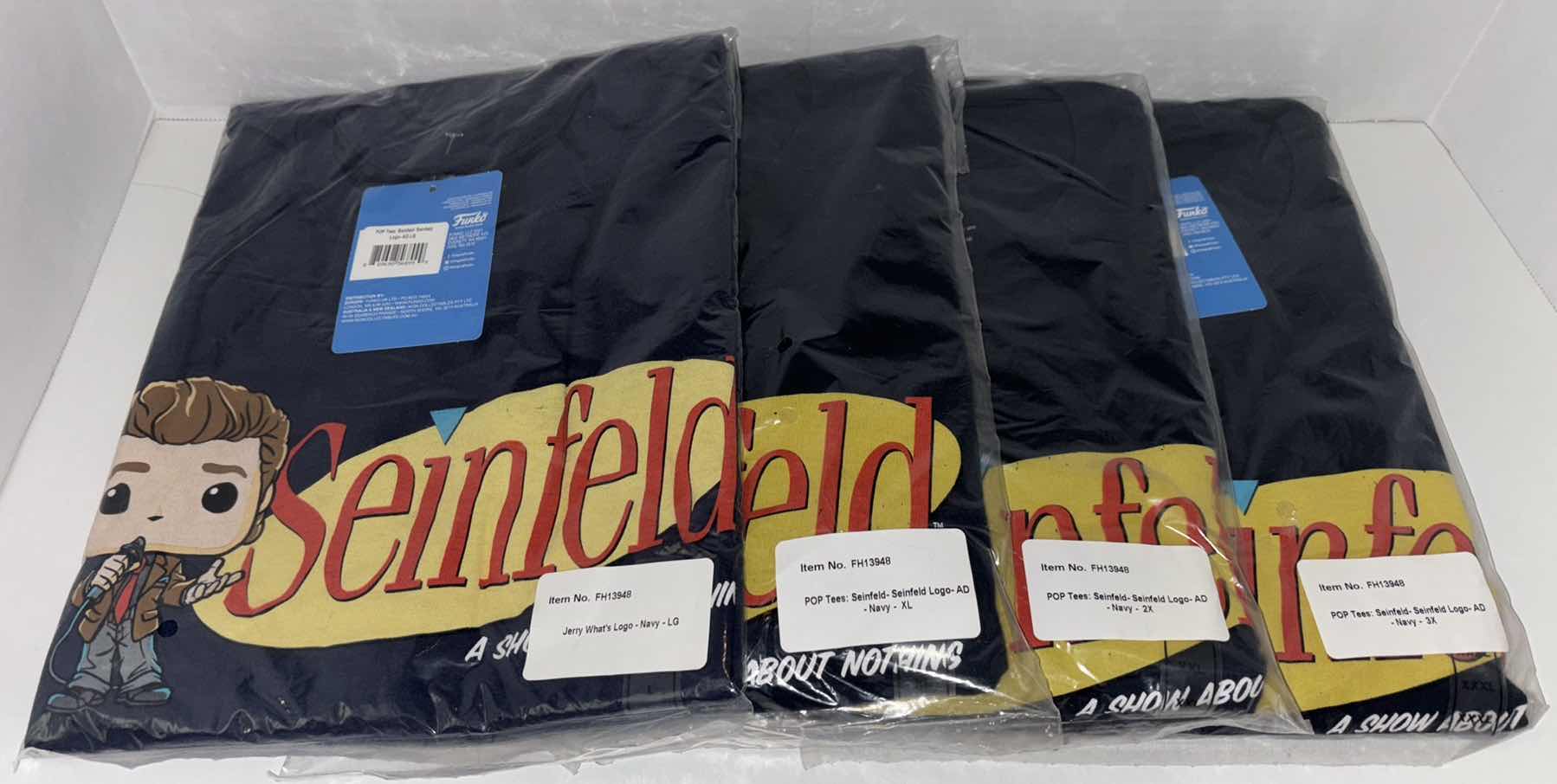 Photo 1 of NEW 4-PACK MULTI-SIZE BUNDLE FUNKO POP! SEINFELD TEE “SEINFELD LOGO” T-SHIRTS (COLOR: NAVY, SIZES: L, XL, 2X, 3X)