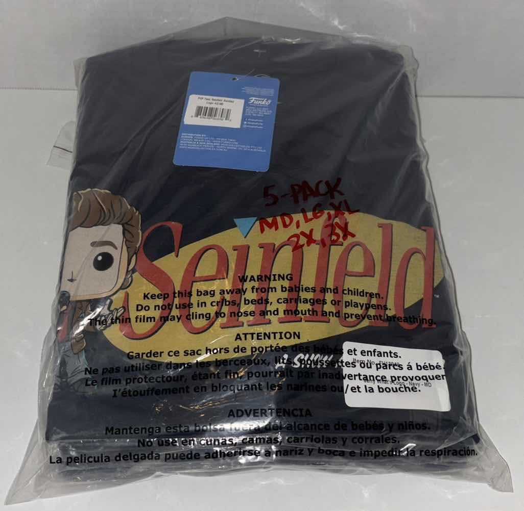 Photo 1 of NEW 5-PACK MULTI-SIZE BUNDLE FUNKO POP! SEINFELD TEE “SEINFELD LOGO” T-SHIRTS (COLOR: NAVY, SIZES: MD, L, XL, 2X, 3X)