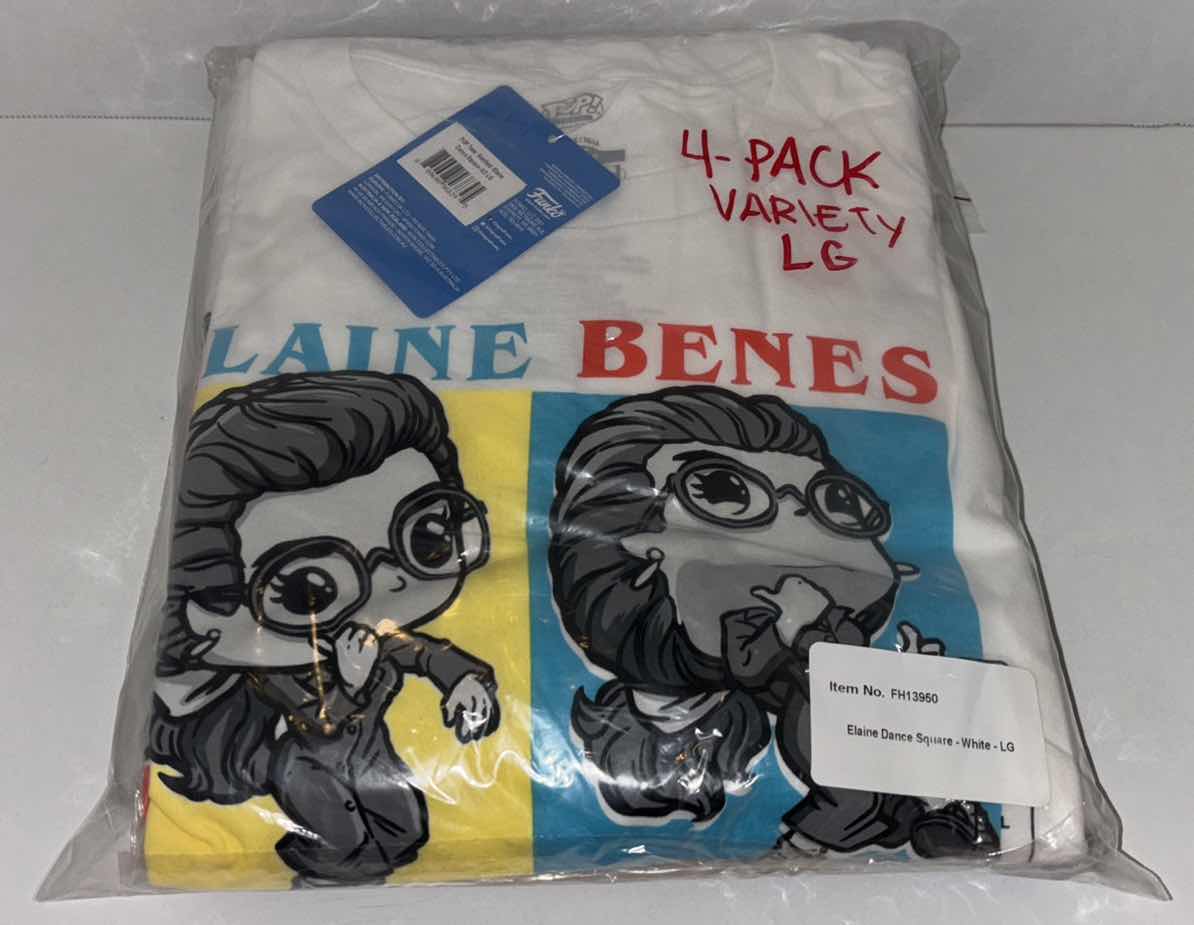 Photo 1 of NEW 4-PACK VARIETY BUNDLE FUNKO POP! SEINFELD TEE “ELAINE , GEORGE, SEINFELD LOGO & JERRY STAND-UP” T-SHIRTS  (COLOR: WHITE, NAVY, BLACK, SIZES: LARGE)