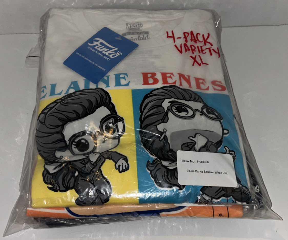Photo 1 of NEW 4-PACK VARIETY BUNDLE FUNKO POP! SEINFELD TEE “ELAINE , GEORGE, SEINFELD LOGO & JERRY STAND-UP” T-SHIRTS  (COLOR: WHITE, NAVY, BLACK, SIZES: X-LARGE)