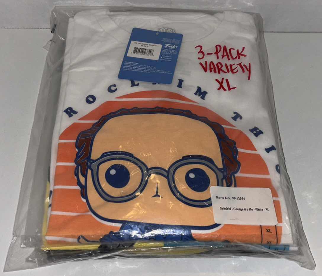 Photo 1 of NEW 3-PACK VARIETY BUNDLE FUNKO POP! SEINFELD TEE “GEORGE, ELAINE, SEINFELD LOGO” T-SHIRTS  (COLOR: WHITE, NAVY, SIZES: X-LARGE)