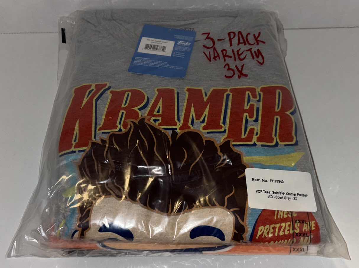 Photo 1 of NEW 3-PACK VARIETY BUNDLE FUNKO POP! SEINFELD TEE “KRAMER, GEORGE, SEINFELD LOGO” T-SHIRTS  (COLOR: SPORTS GREY, WHITE, NAVY, SIZES: 3X)