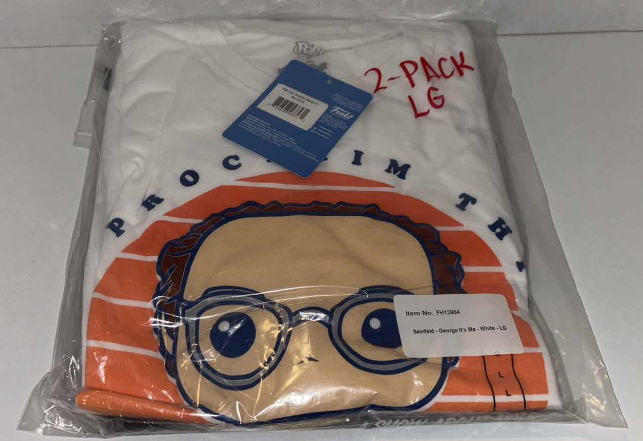 Photo 1 of NEW 2-PACK VARIETY BUNDLE FUNKO POP! SEINFELD TEE “GEORGE & SEINFELD LOGO” T-SHIRTS  (COLOR: WHITE, NAVY, SIZES: LARGE)