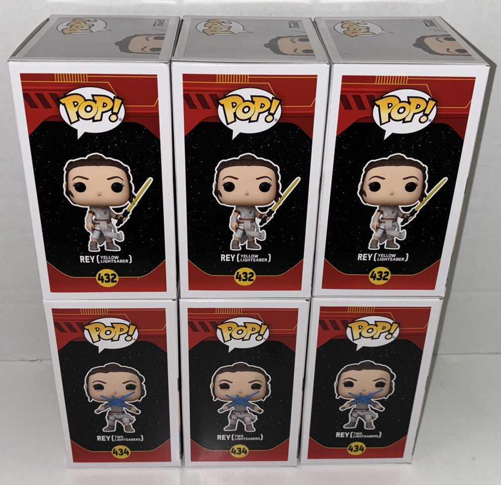 Photo 1 of NEW 6-PACK ASSORTED STAR WARS FUNKO POP! BOBBLEHEAD FIGURES, #432 REY W/YELLOW LIGHTSABER (3) & #434 REY W/TWO LIGHTSABERS(3)