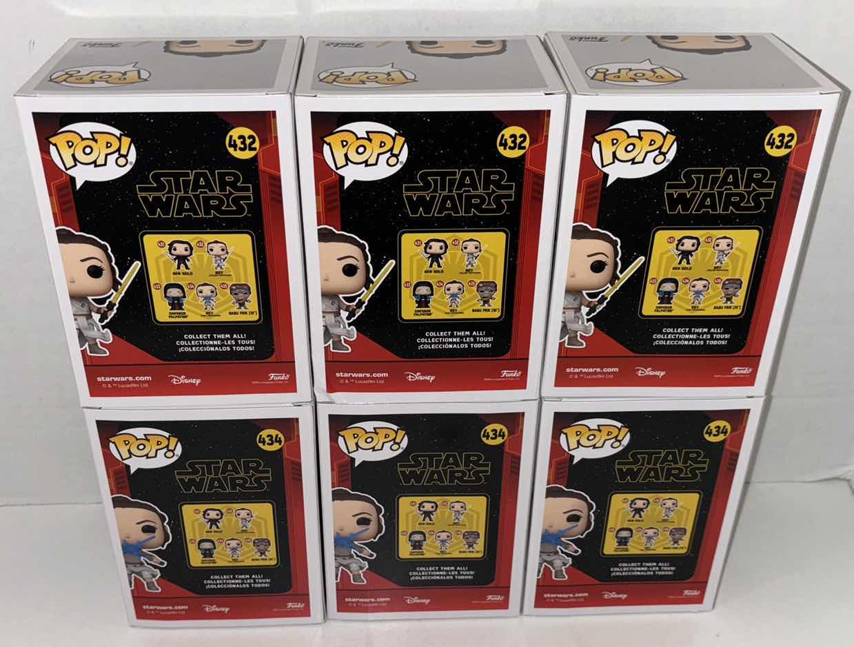 Photo 1 of NEW 6-PACK ASSORTED STAR WARS FUNKO POP! BOBBLEHEAD FIGURES, #432 REY W/YELLOW LIGHTSABER (3) & #434 REY W/TWO LIGHTSABERS(3)