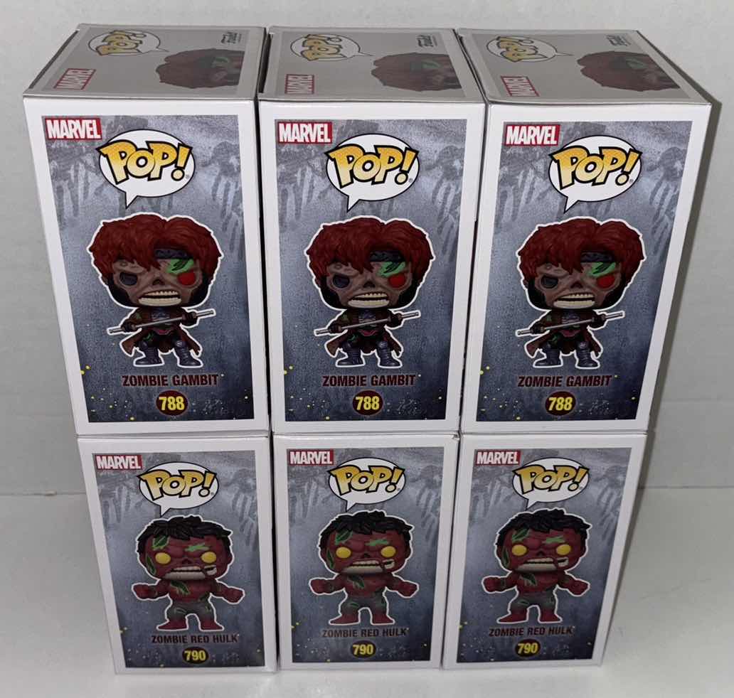 Photo 1 of NEW 6-PACK ASSORTED MARVEL ZOMBIES FUNKO POP! BOBBLE-HEAD FIGURES, #788 ZOMBIE GAMBIT (3) & #790 ZOMBIE RED HULK (3)