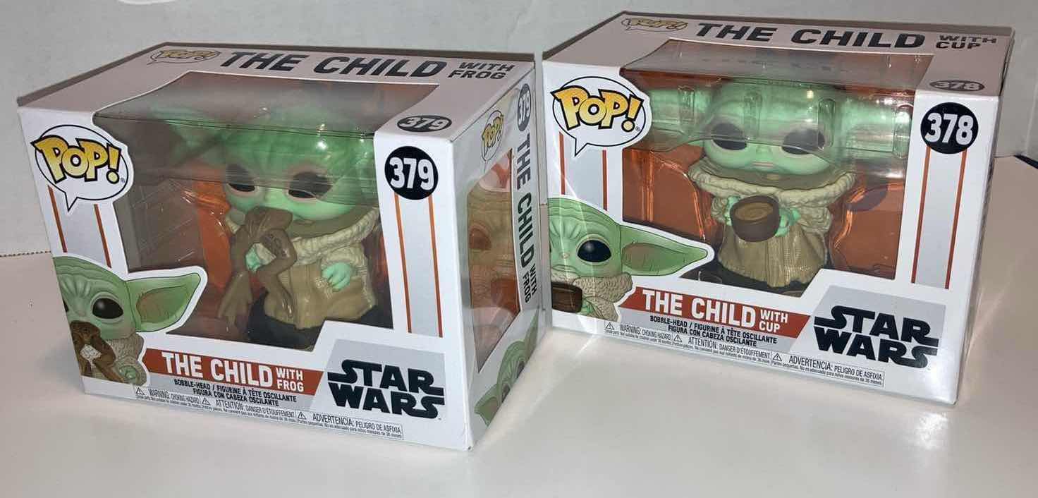 View 1 of NEW 2-PACK FUNKO POP! STAR WARS BOBBLE-HEAD FIGURE, #379 THE CHILD W FROG & #378 THE CHILD W CUP