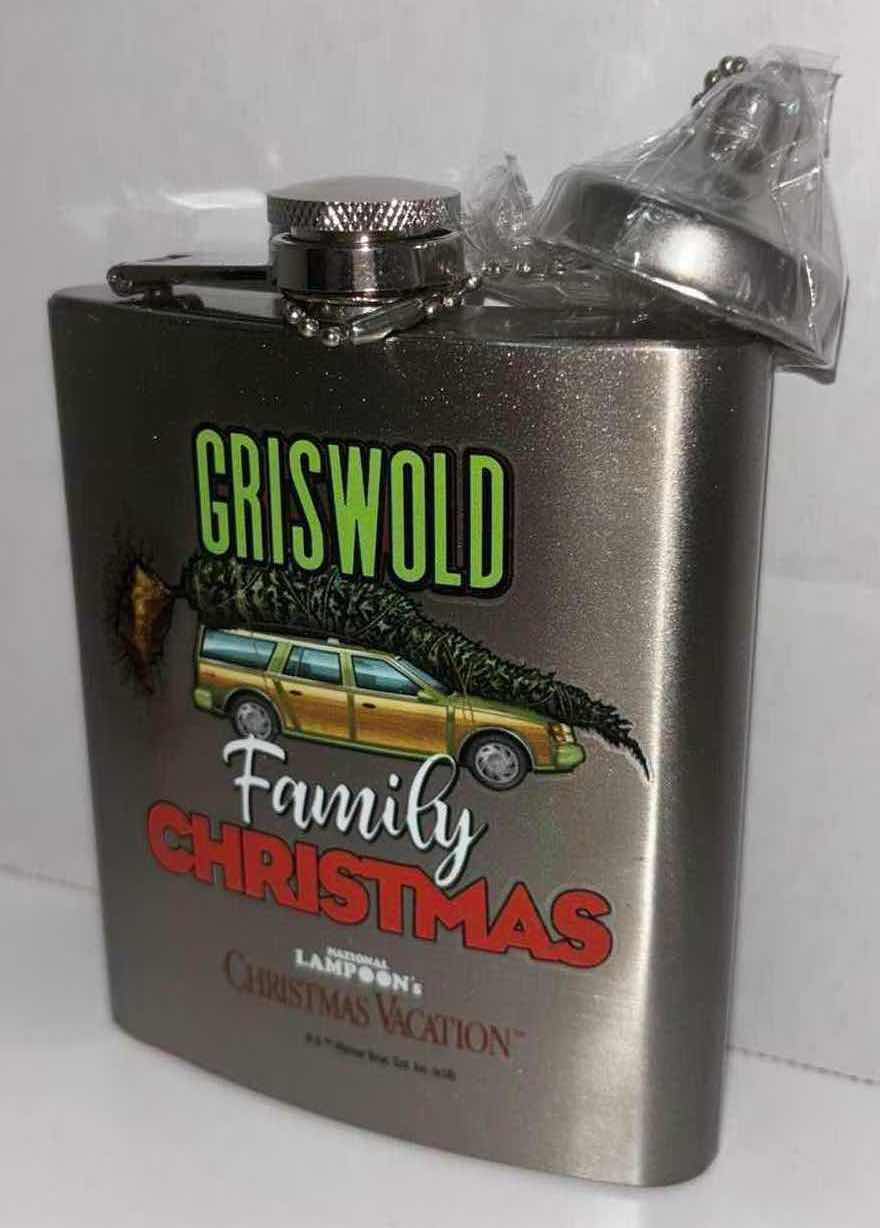 Photo 1 of NEW 2 PC BUNDLE SPOONTIQUES NATIONAL LAMPOON’S CHRISTMAS VACATION 7 OUNCE HIP FLASK & 20 OUNCE INSULATED CUP W/STRAW “MERRY CLARKMAS”