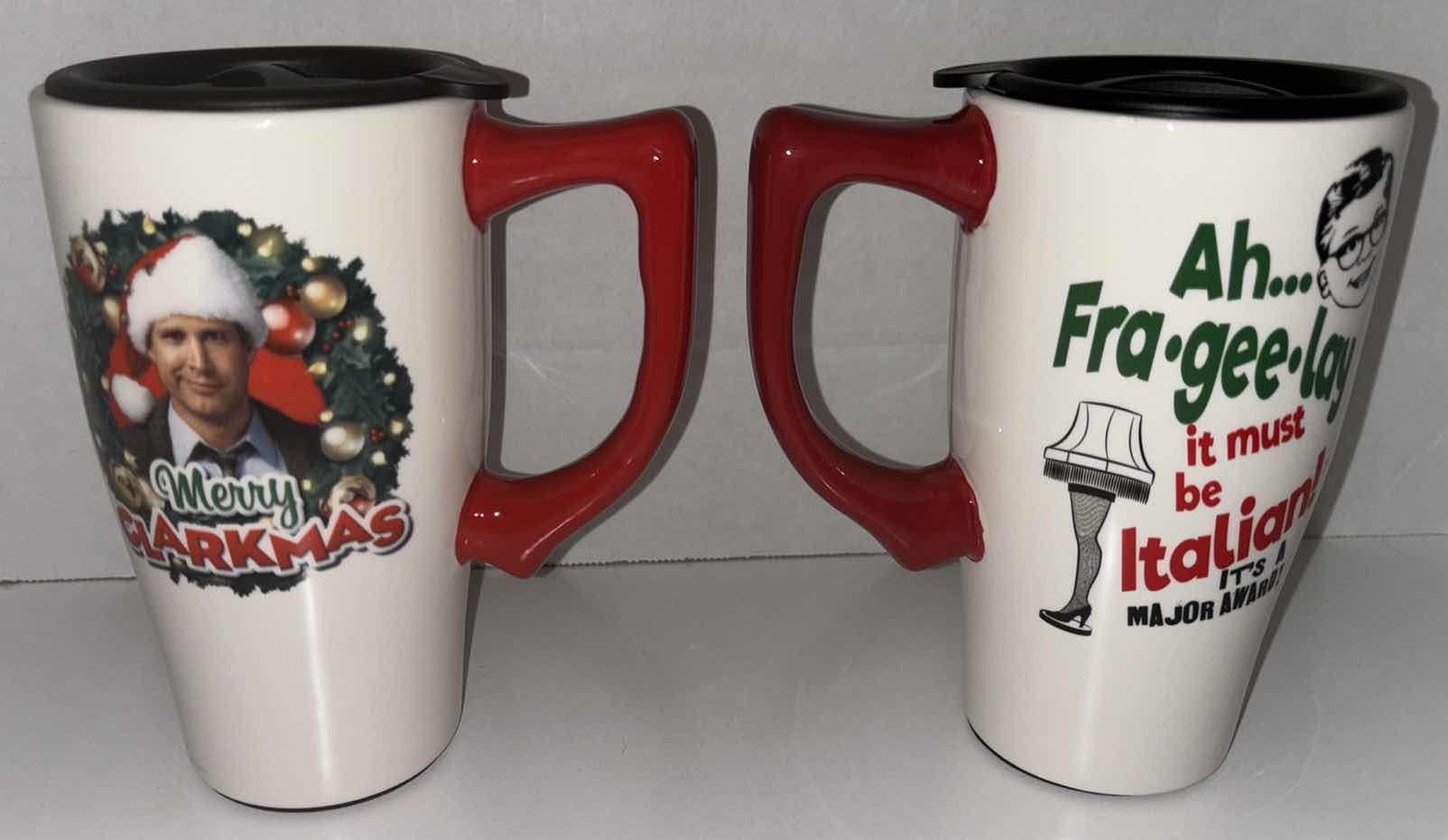 Photo 1 of NEW 2-PACK SPOONIQUES 18 OZ CHRISTMAS THEME CERAMIC TRAVEL MUG W/HANDLE, “MERRY CLARKMAS” & “A CHRISTMAS STORY LEG LAMP”