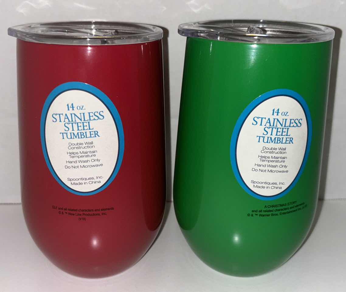 Photo 1 of NEW 2-PACK SPOONIQUES 14 OZ CHRISTMAS THEME STAINLESS STEEL TUMBLER, “ELF- SON OF A NUTCRACKER” & “A CHRISTMAS STORY”