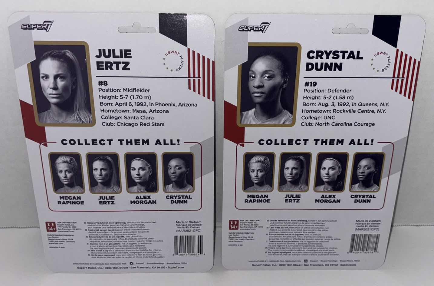 Photo 1 of NEW 2-PACK SUPER7 SUPERSPORTS U.S. WOMEN’S NATIONAL TEAM ACTION FIGURES, “#8 JULIE ERTZ” & “#19 CRYSTAL DUNN”