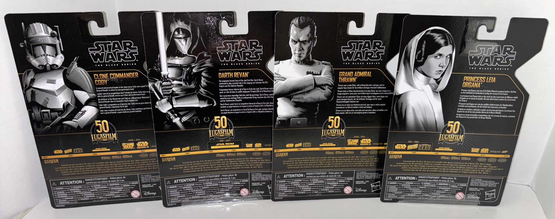 Photo 1 of NEW ASSORTED 4-PACK HASBRO STAR WARS THE BLACK SERIES 50TH ANNIVERSARY ARCHIVE ACTION FIGURE & ACCESSORIES, "CLONE COMMANDER CODY, DARTH REVAN, GRAND ADMIRAL THRAWN & PRINCESS LEIA ORGANA"
