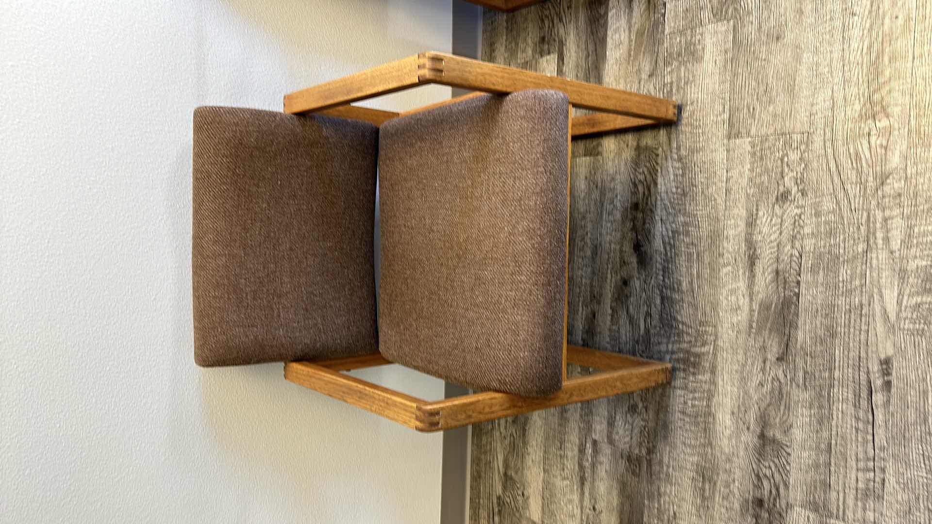 Photo 1 of 2-OAK TRIMMED W UPHOLSTERY ARM CHAIRS