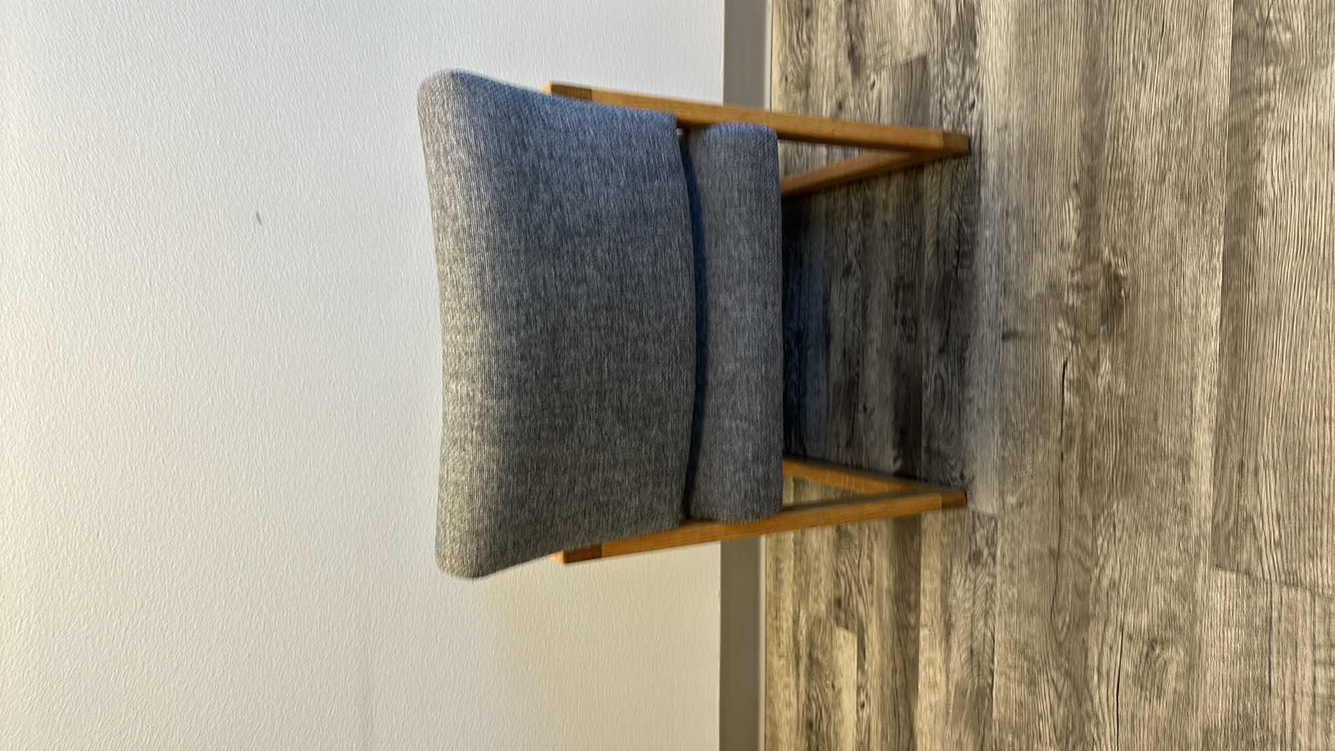 Photo 1 of 2-OAK TRIMMED W GREY UPHOLSTERED ARM CHAIRS