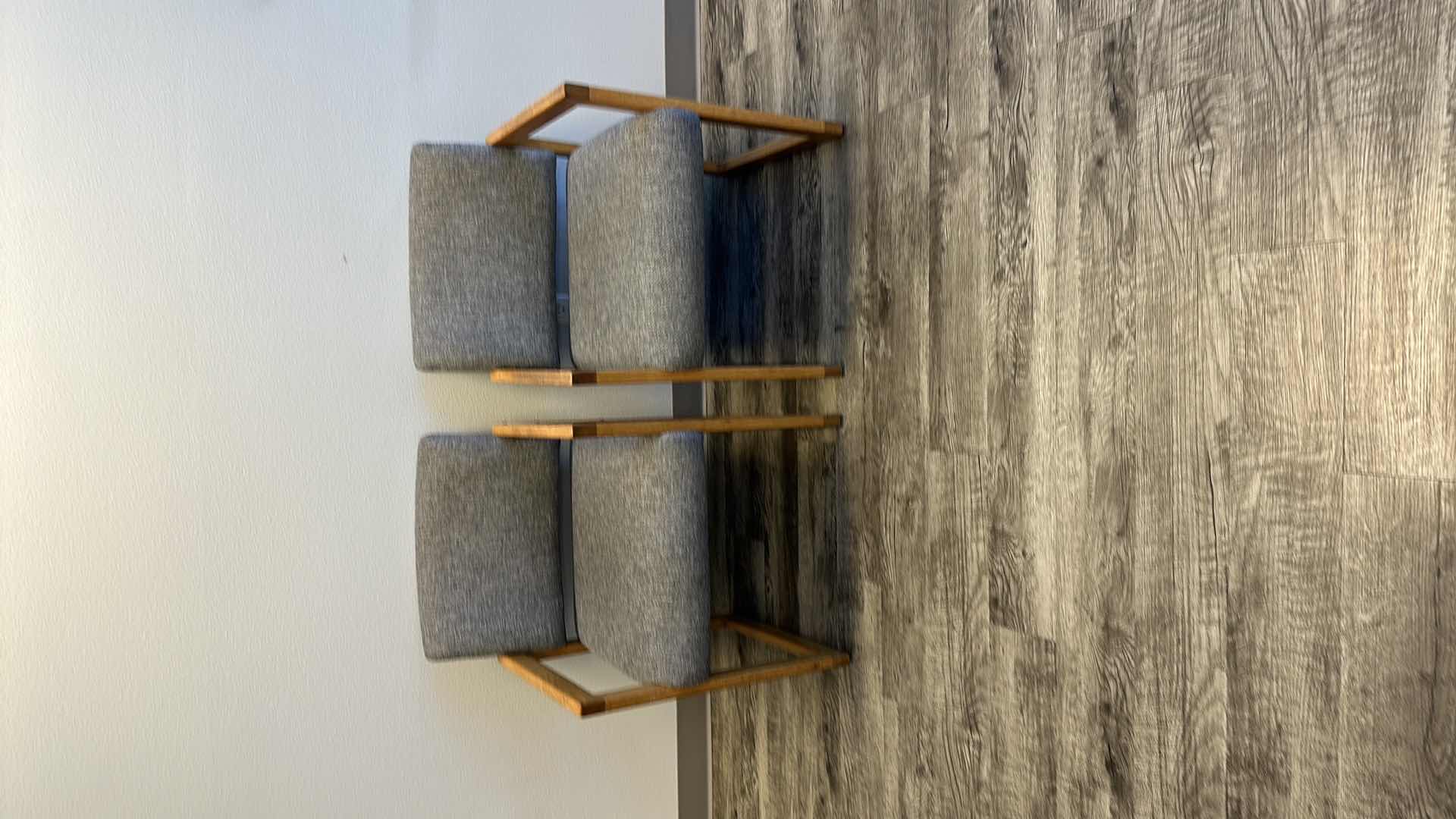 Photo 1 of 2-OAK TRIMMED W GREY UPHOLSTERED ARM CHAIRS