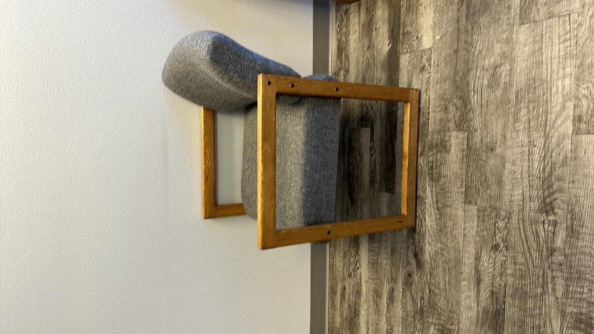 Photo 1 of 2-OAK TRIMMED W GREY UPHOLSTERED ARM CHAIRS