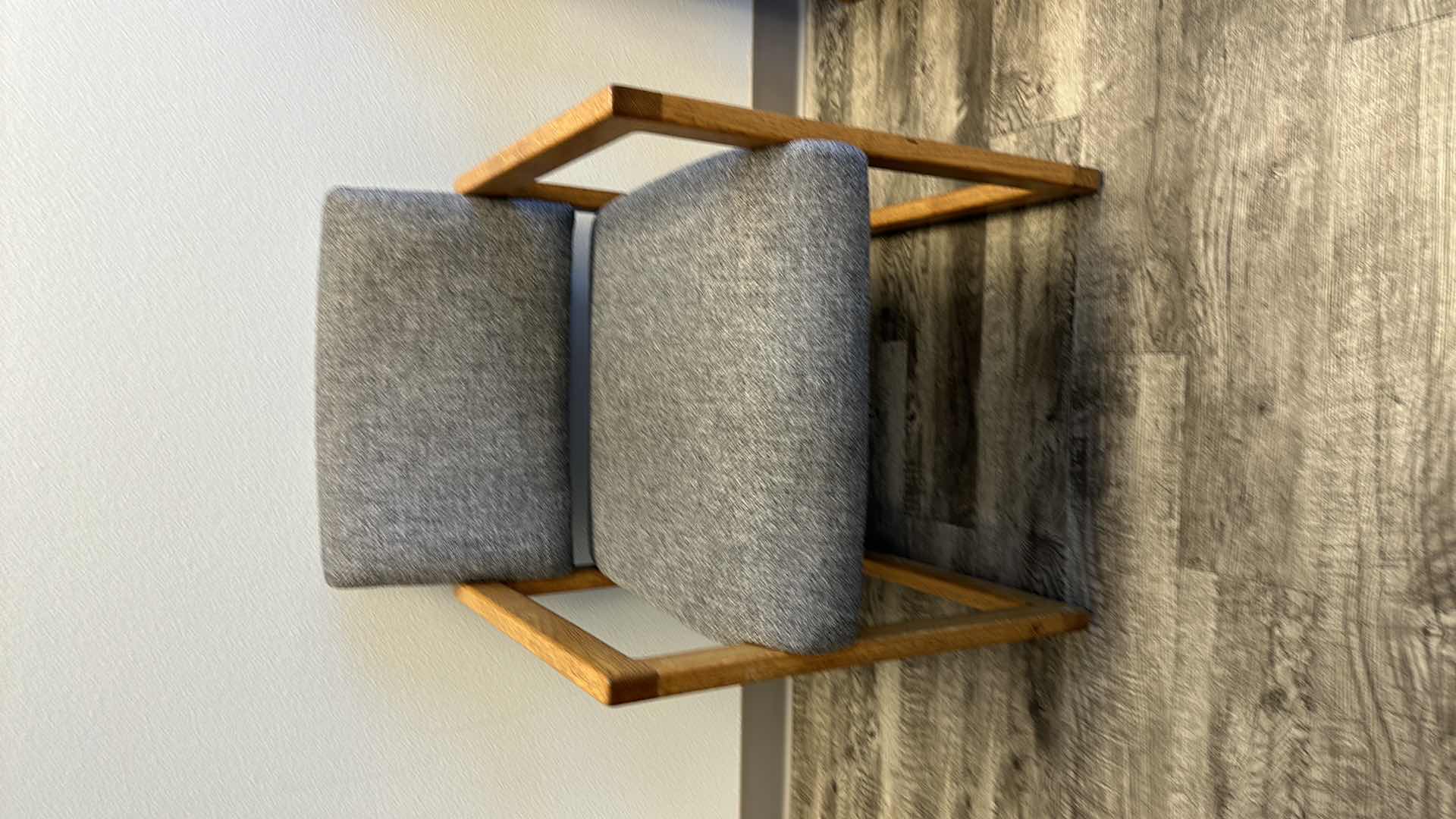 Photo 1 of 2-OAK TRIMMED W GREY UPHOLSTERED ARM CHAIRS