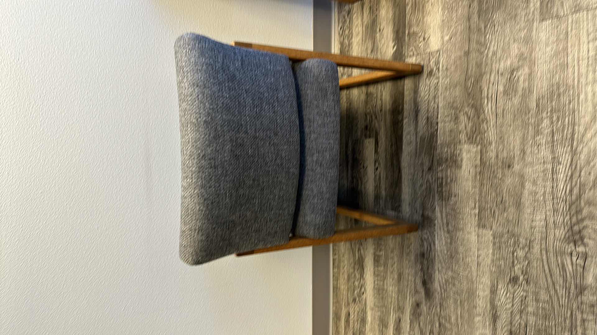 Photo 1 of 2-OAK TRIMMED W GREY UPHOLSTERED ARM CHAIRS