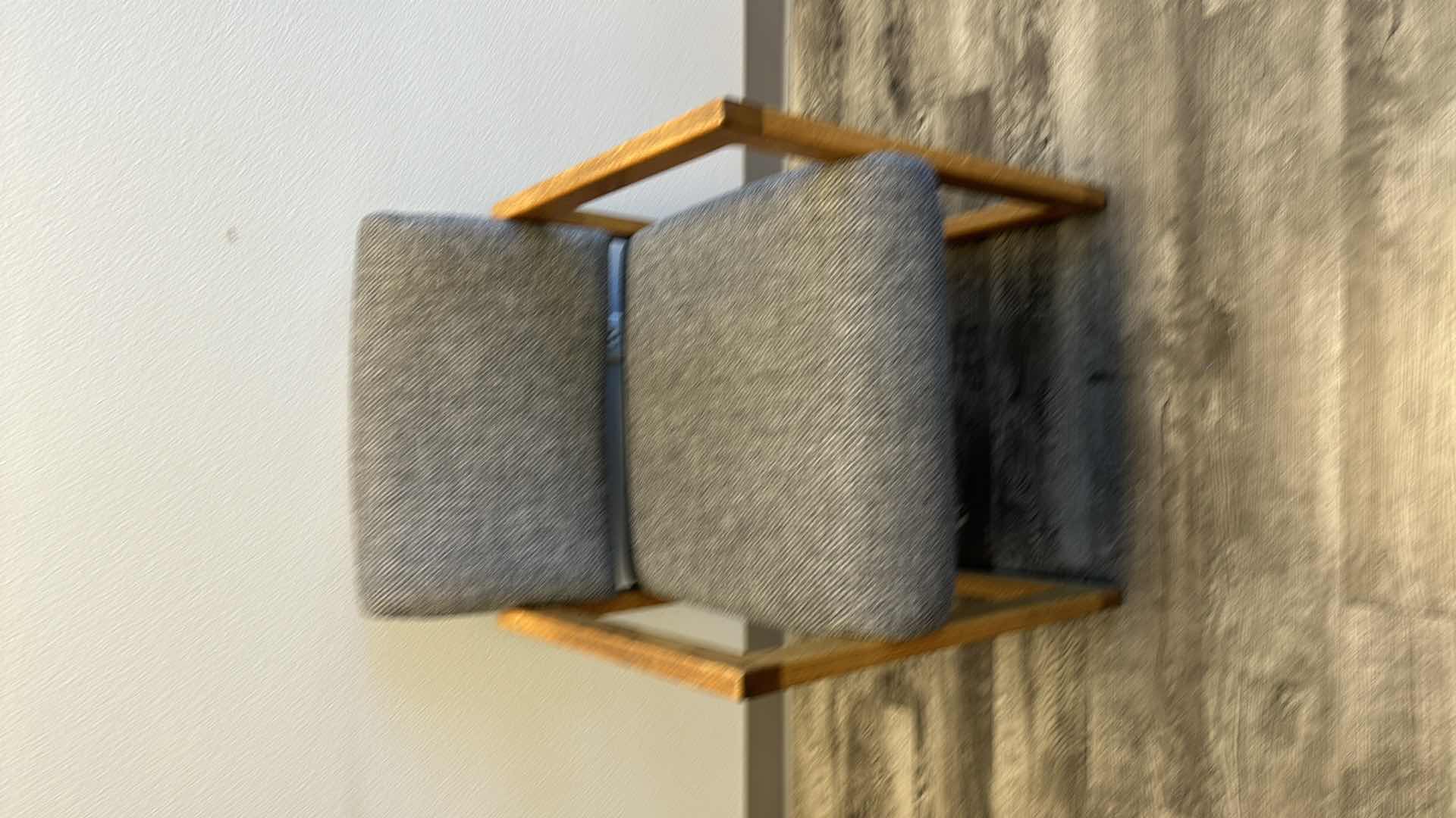 Photo 1 of 2-OAK TRIMMED W GREY UPHOLSTERED ARM CHAIRS