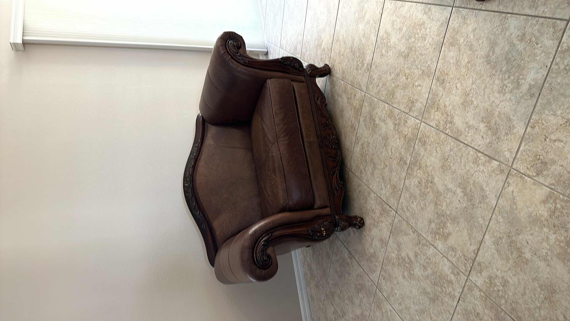 View 2 of BROWN LEATHER W ORNATE CHERRY TRIM OVERSIZED ARM CHAIR