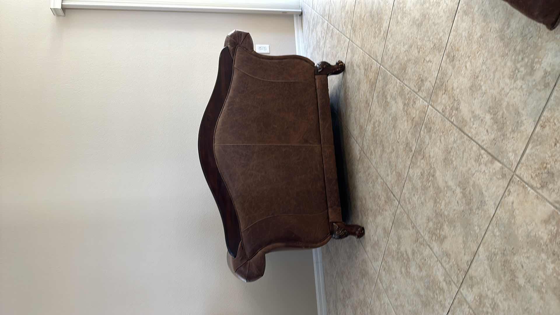 View 5 of BROWN LEATHER W ORNATE CHERRY TRIM OVERSIZED ARM CHAIR