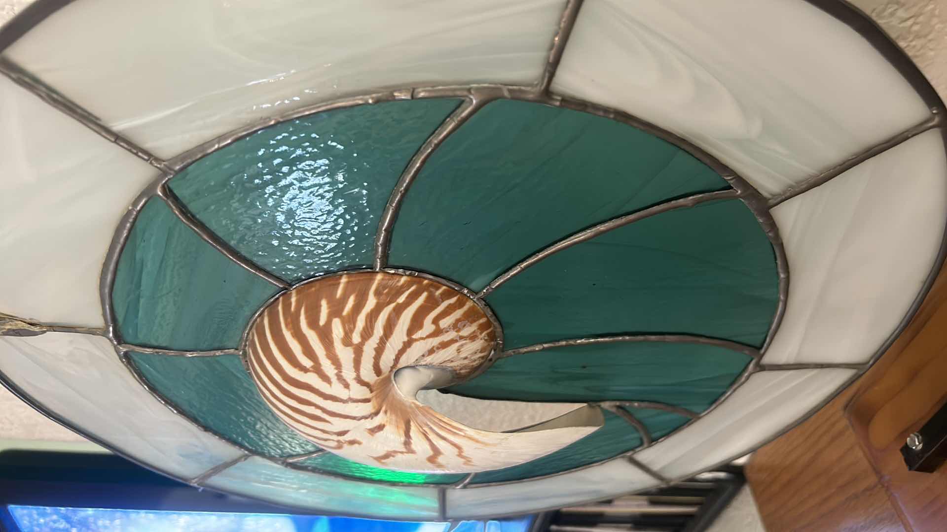 Photo 1 of HOME DECOR- STAINED GLASS AND METAL SCULPTURE WITH SHELL ON WOOD BASE H21”