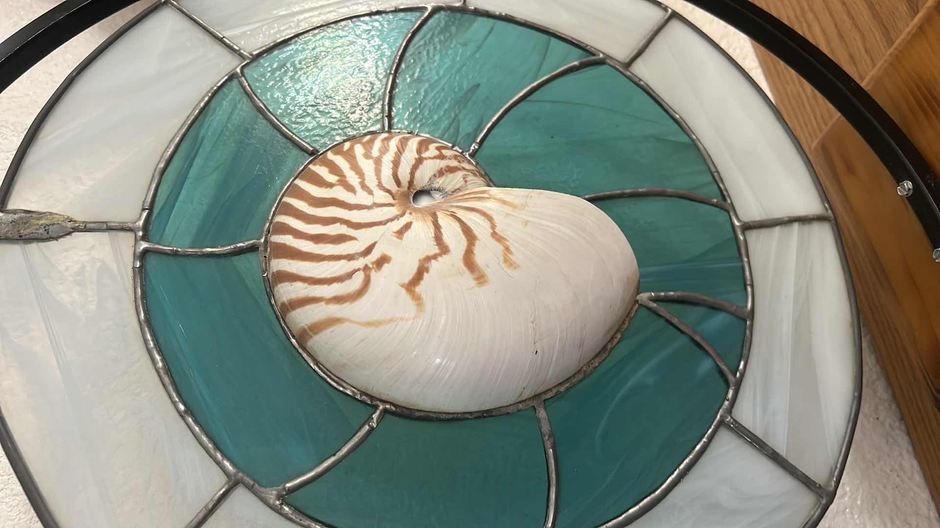 Photo 1 of HOME DECOR- STAINED GLASS AND METAL SCULPTURE WITH SHELL ON WOOD BASE H21”