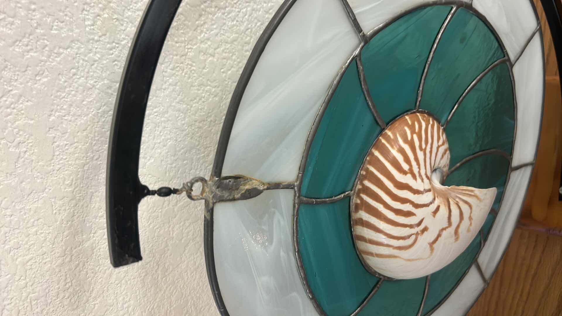 Photo 1 of HOME DECOR- STAINED GLASS AND METAL SCULPTURE WITH SHELL ON WOOD BASE H21”