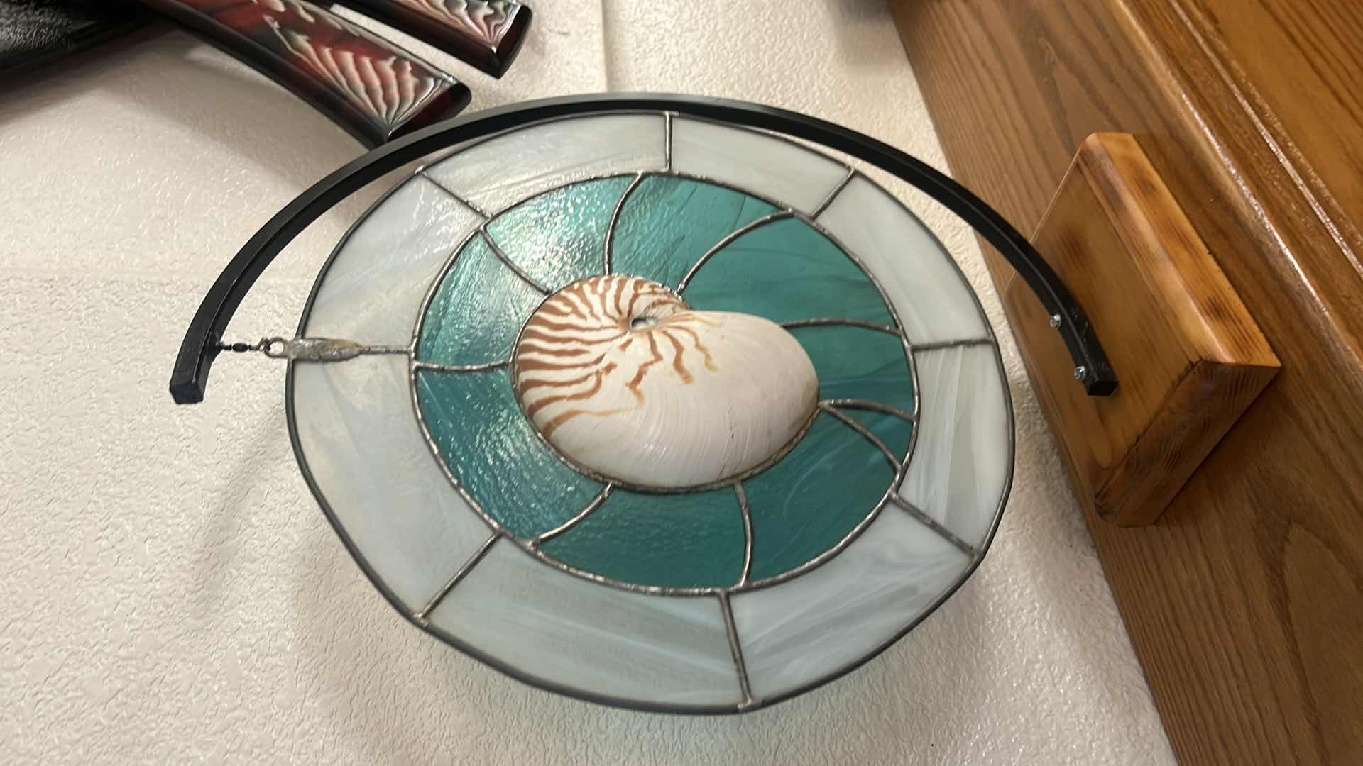 Photo 1 of HOME DECOR- STAINED GLASS AND METAL SCULPTURE WITH SHELL ON WOOD BASE H21”