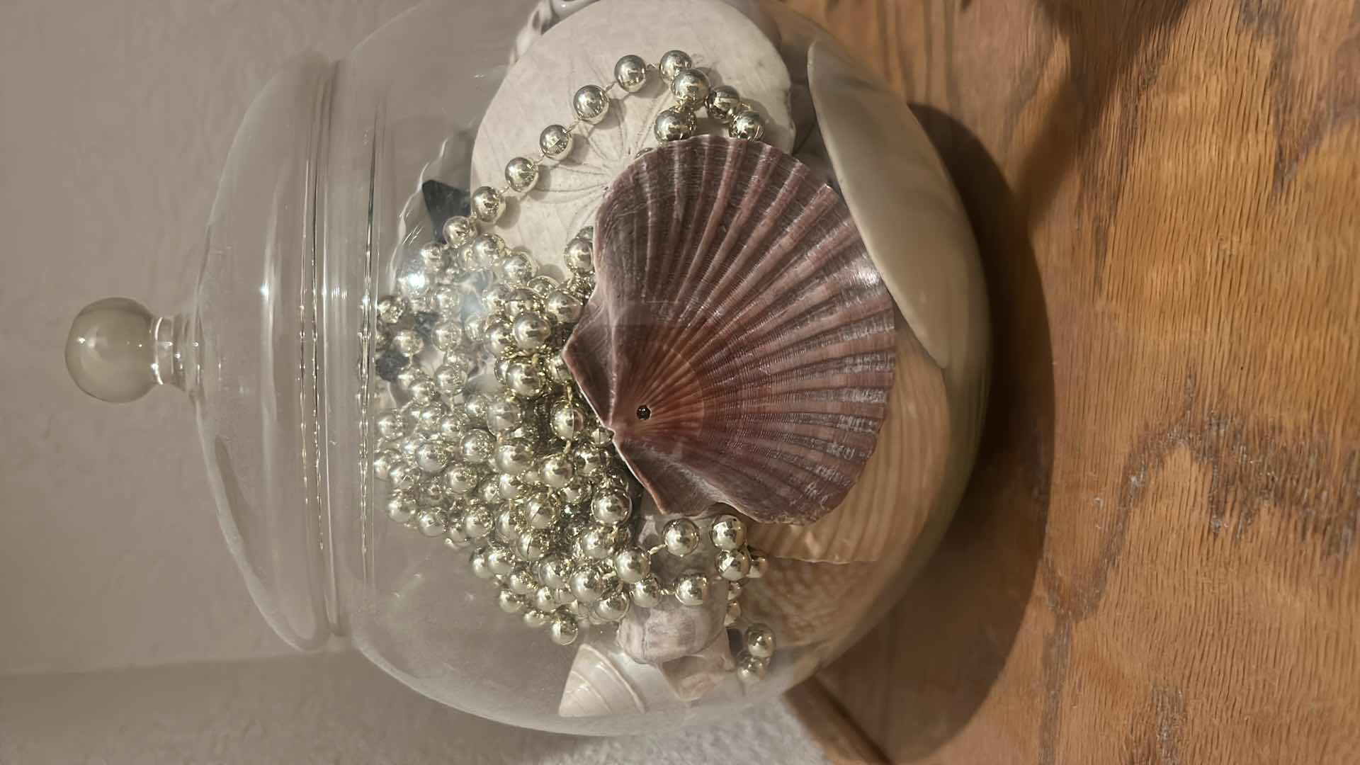 Photo 1 of GLASS JAR WITH SHELLS AND BEADS H9.5”