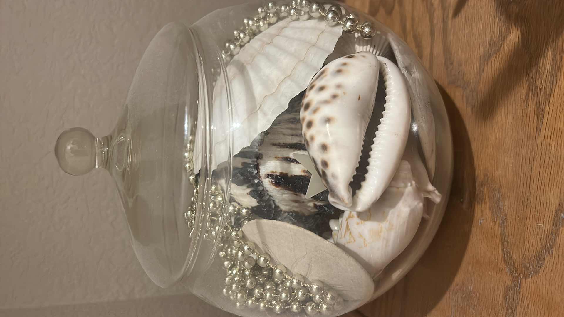 Photo 1 of GLASS JAR WITH SHELLS AND BEADS H9.5”