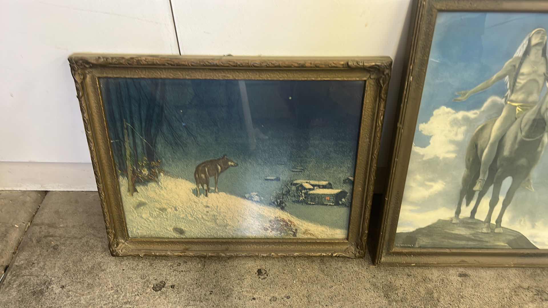 Photo 1 of 2 FRAMED VINTAGE “ NATIVE AMERICAN AND COYOTE” ARTWORK 18” x 14 1/2”