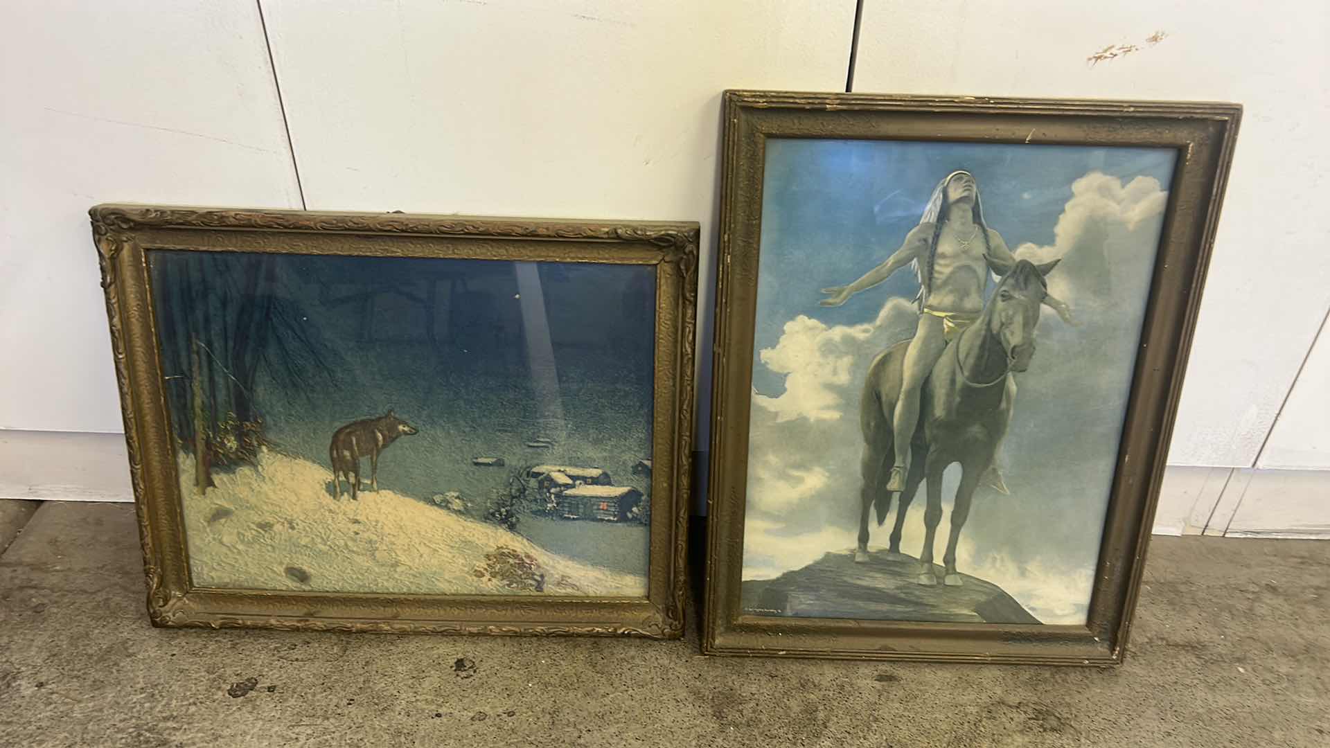 Photo 1 of 2 FRAMED VINTAGE “ NATIVE AMERICAN AND COYOTE” ARTWORK 18” x 14 1/2”