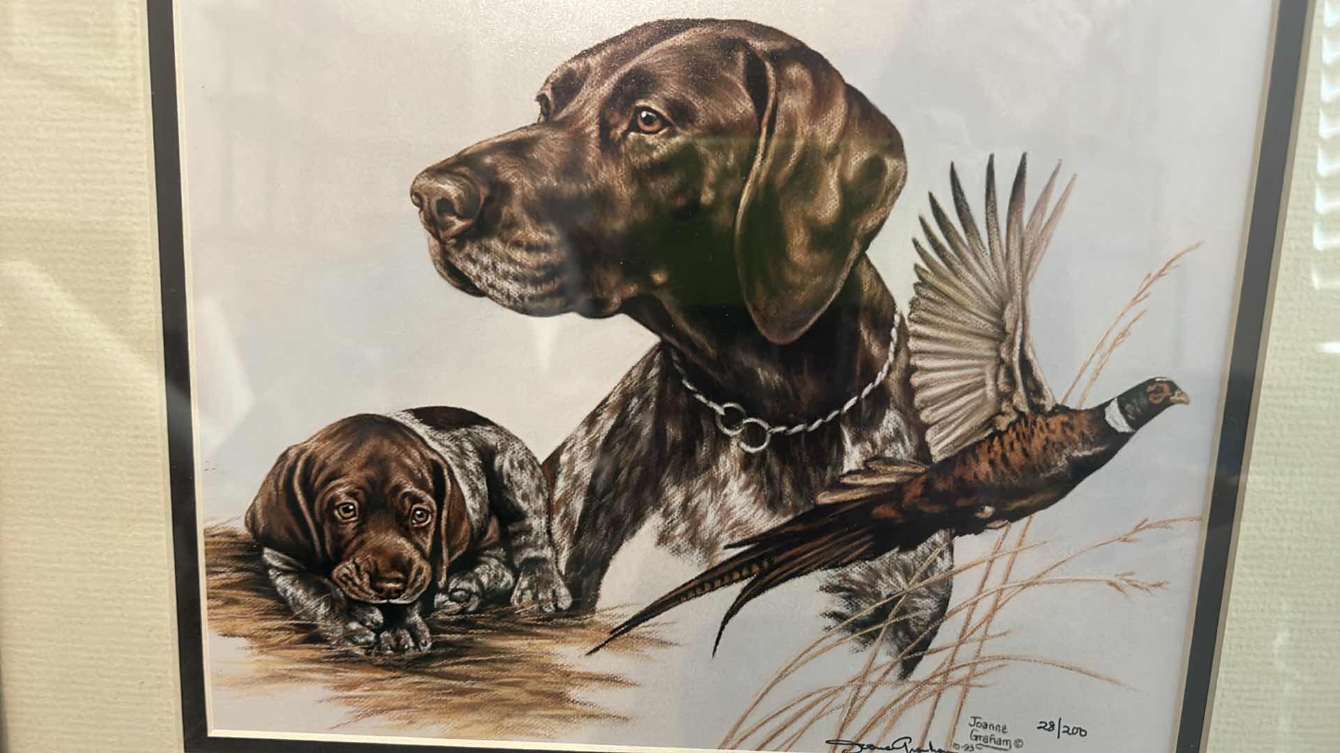 Photo 1 of FRAMED NUMBERED 23/200 SIGNED JOANNE GRAHAM “DOG” ARTWORK 15” x 12” AND COLLECTIBLES