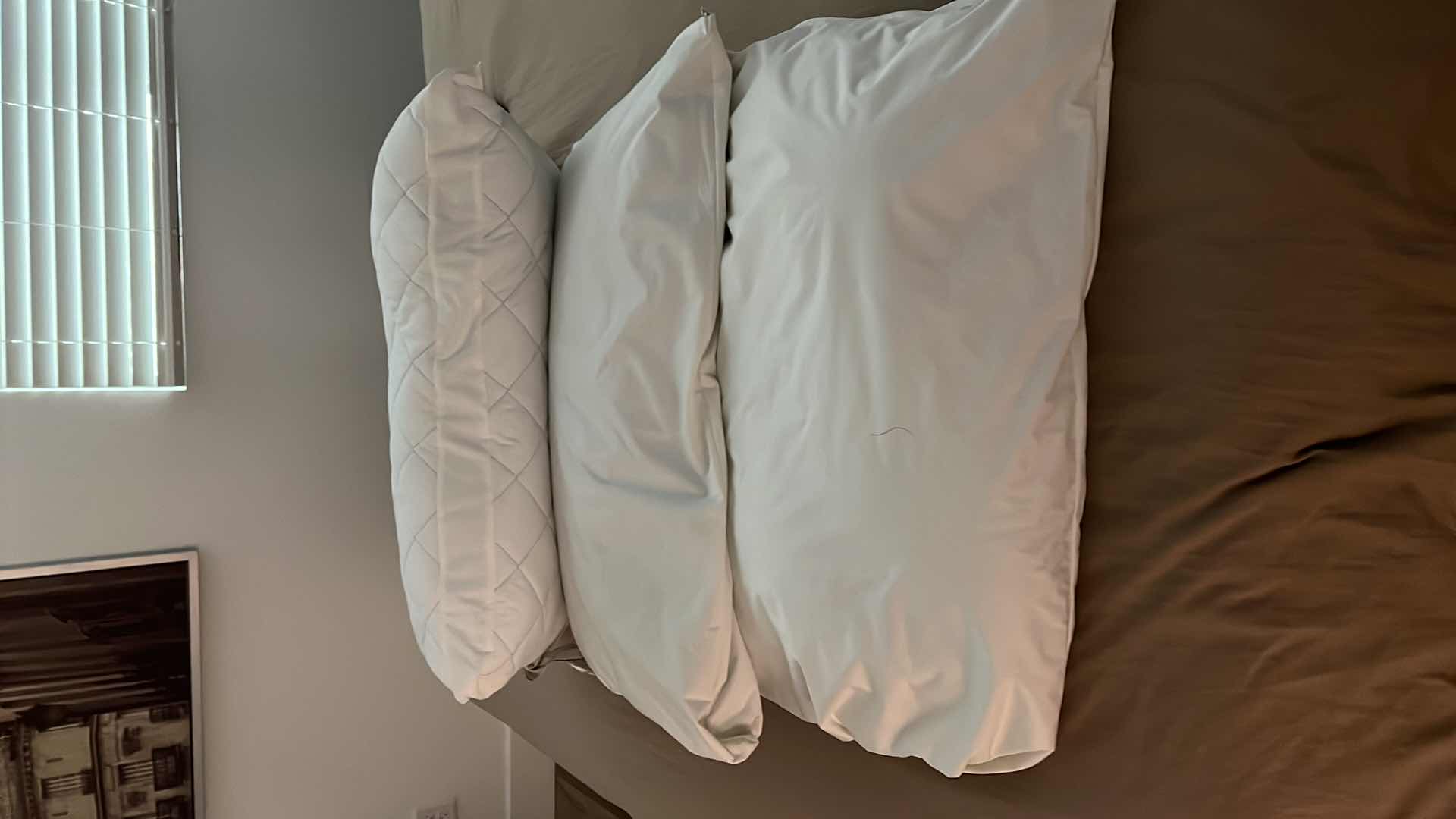 Photo 1 of BEDDING-QUEEN SIZE BEIGE DUVET AND 4 PIECE PILLOW SHAM SET. DECORATIVE CACTUS THROW PILLOW, 7 STANDARD PILLOWS (3 WITH NO PILLOW CASE)