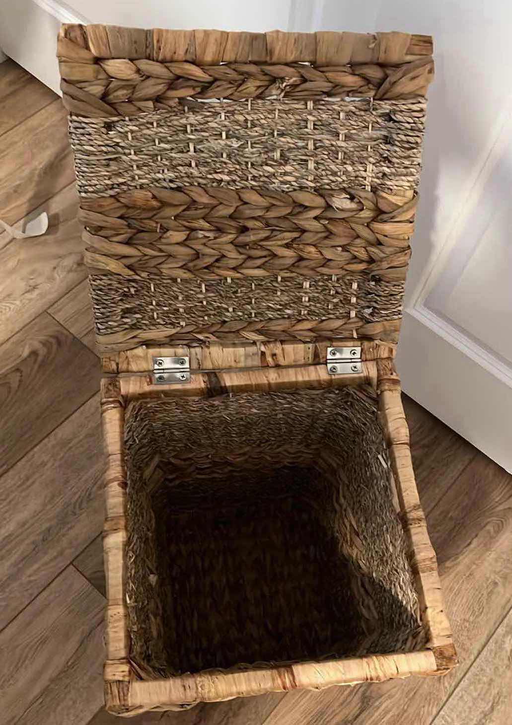 Photo 1 of HOME DECOR-WOODEN WOVEN BASKET WITH ATTACHED LID 12“ x 12“ x 18“.