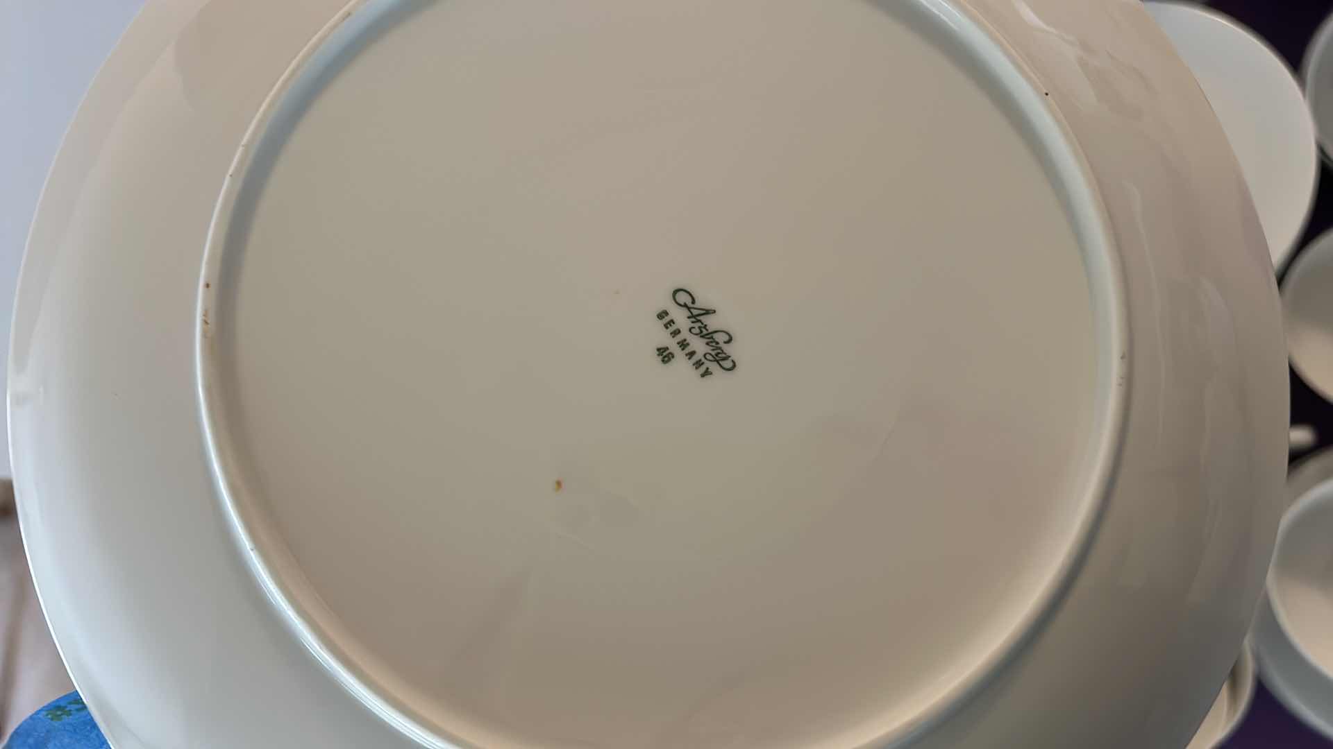 Photo 1 of 49 PC ARSBERY GERMANY PORCELAIN DINNERWARE 14 DINNER PLATES, 1 PLATTER, 8 SALAD PLATES, 11 DESSERT PLATES, 14 COFFEE CUP PLATES, 14 COFFEE CUPS
