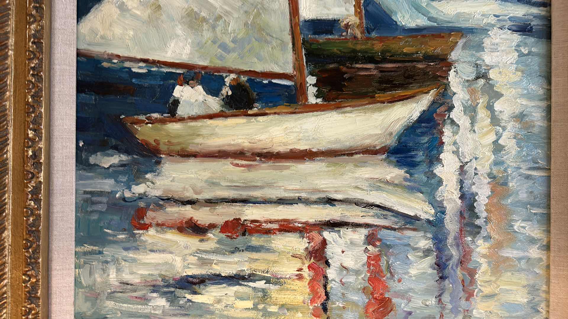 Photo 1 of GOLD, ORNATE FRAMED, OIL ON CANVAS, “SAILBOAT ON THE SEA” ARTWORK , 25" X H 21".