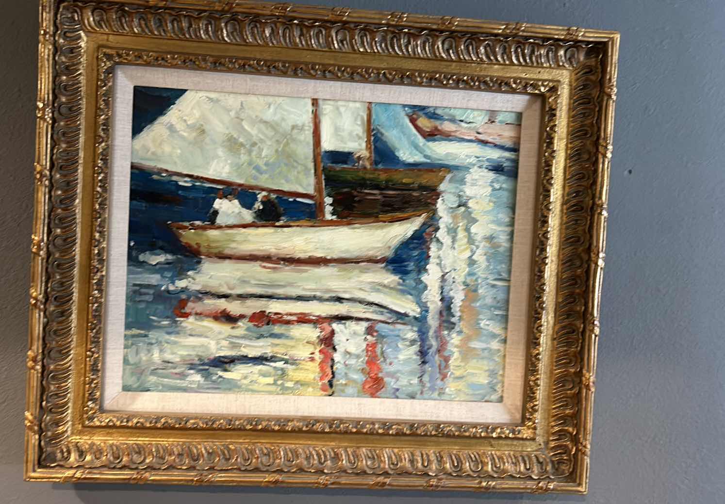 Photo 1 of GOLD, ORNATE FRAMED, OIL ON CANVAS, “SAILBOAT ON THE SEA” ARTWORK , 25" X H 21".